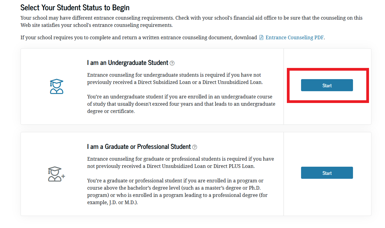 Start Entrance Counseling link location