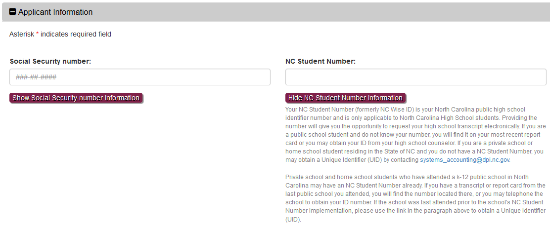 NC Student Number field