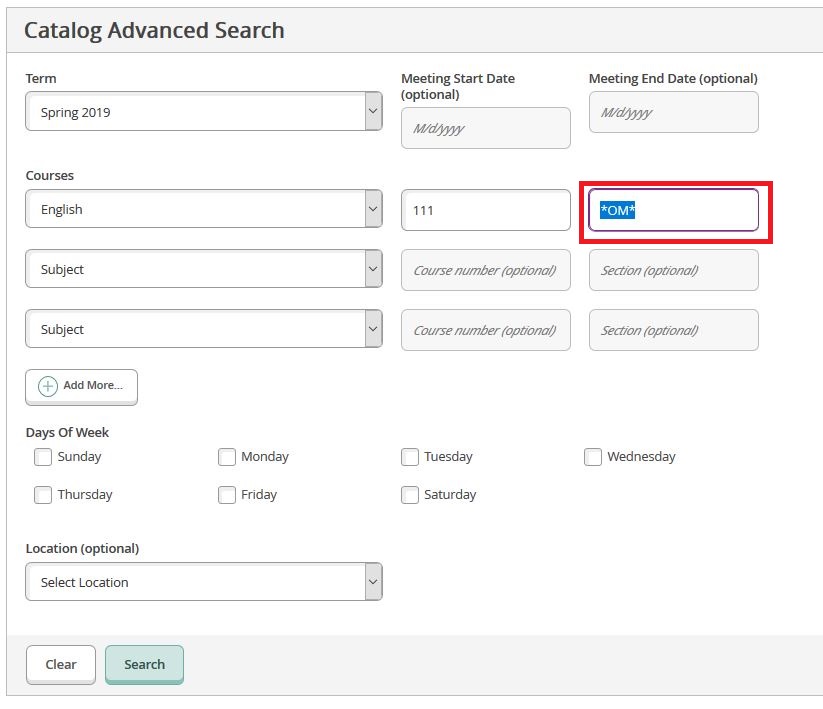 Search page with *OM* in "Section (optional)" box