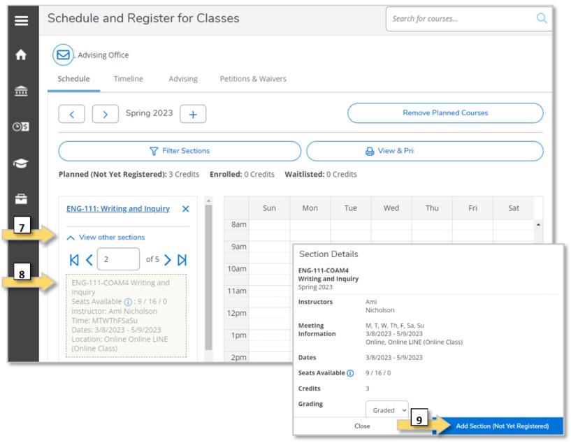 Screenshot of Self-Service "Schedule and Register for Classes" screen 