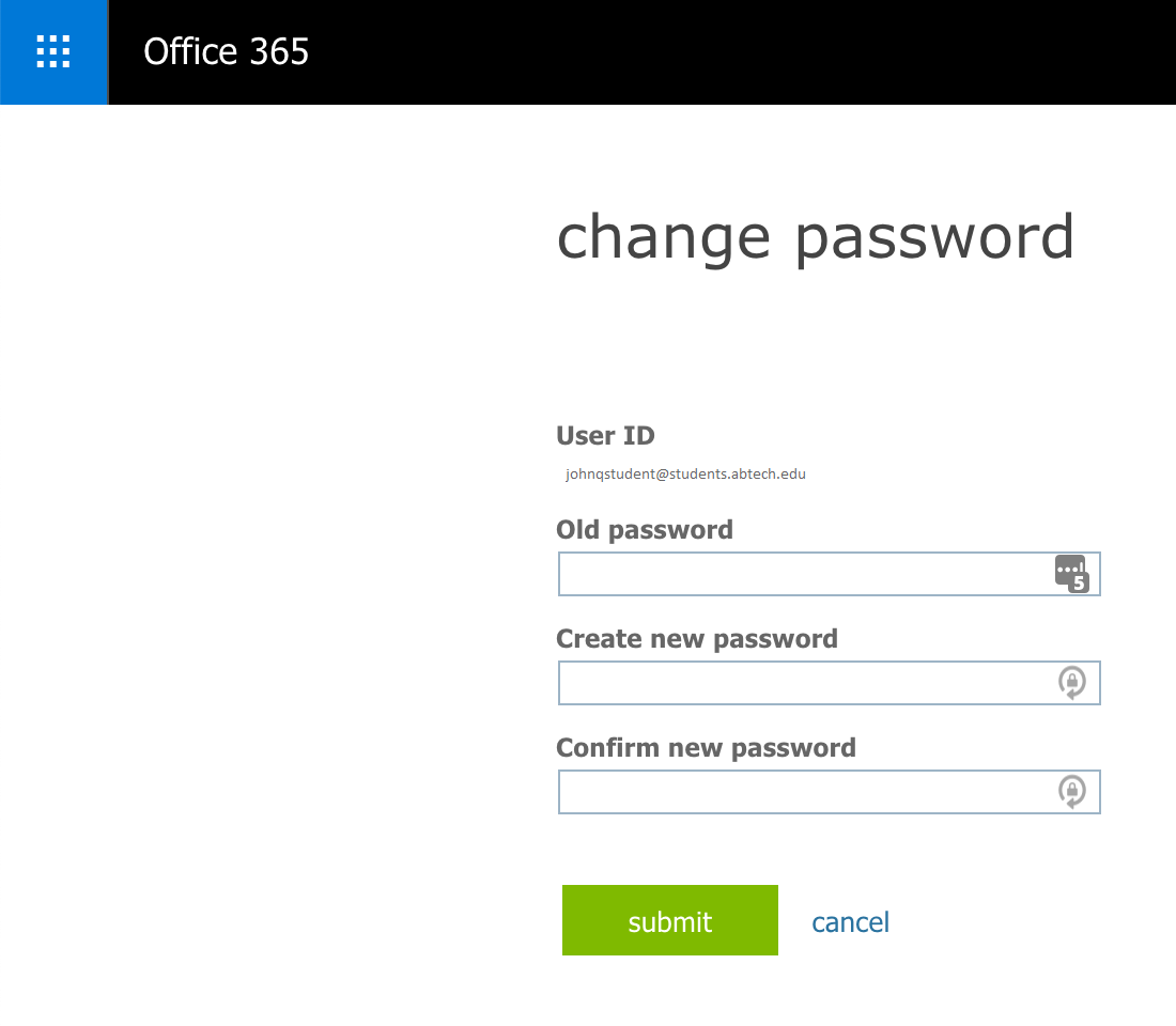 Password change screen