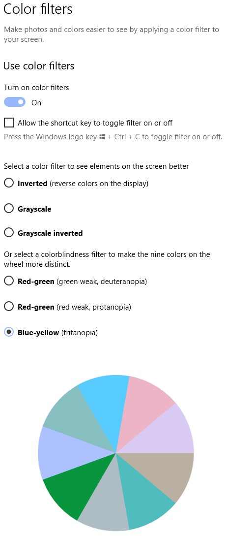 Color Filters settings in Windows