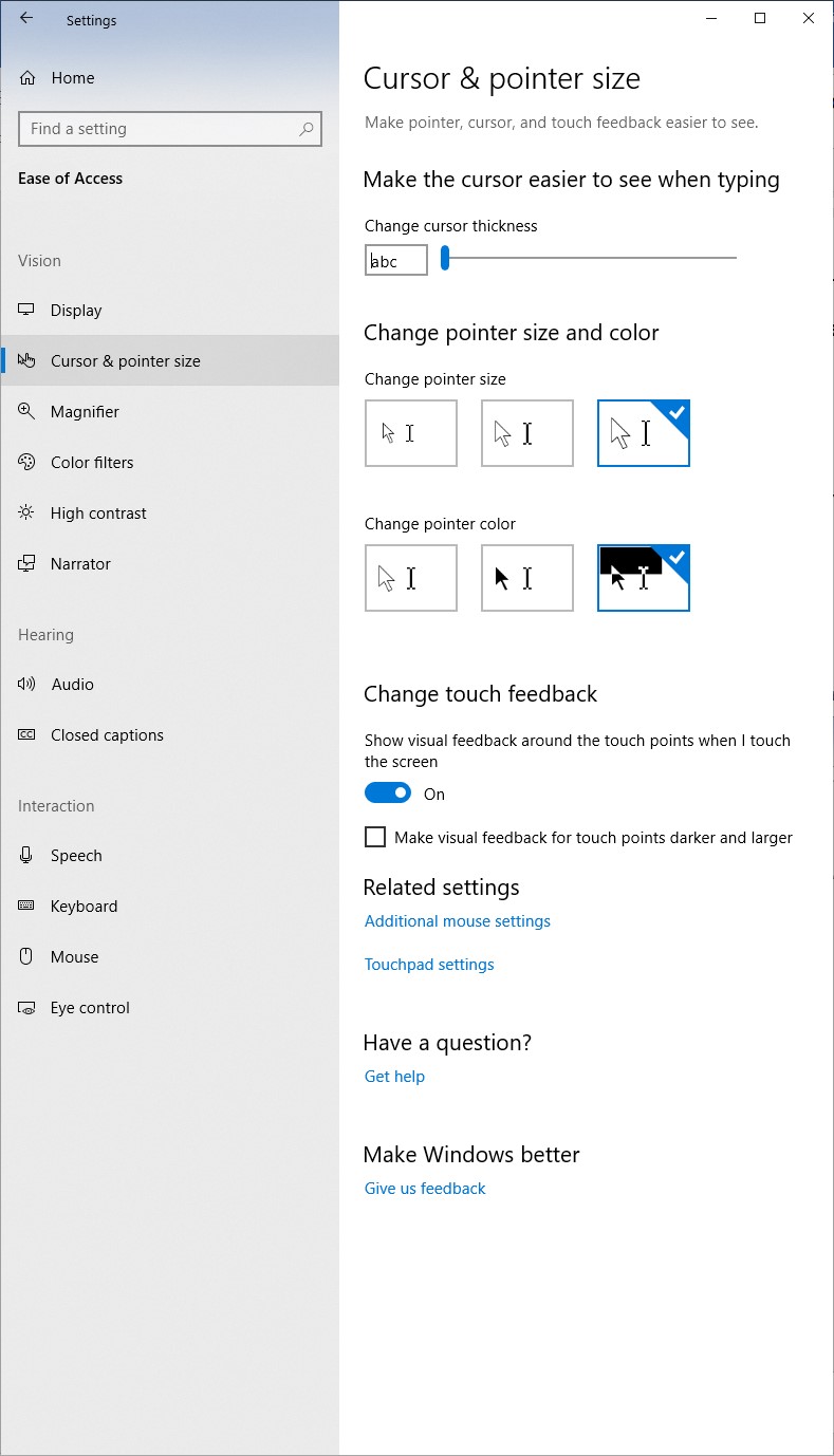 Cursor & Pointer Size in Windows 10 Settings