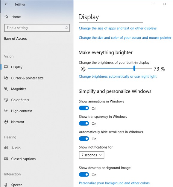 Display Properties in Windows 10 Settings