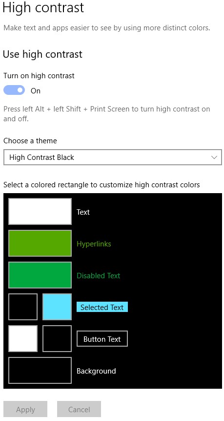 High Contrast settings in Windows 10