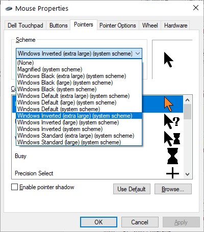 The Pointers Tab in the Mouse Properties dialog box