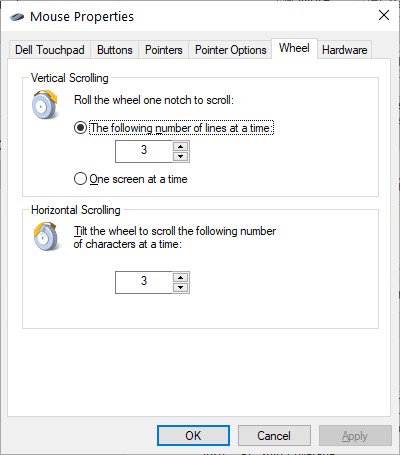 The Wheel Tab in the Mouse Properties dialog box