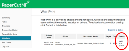 Web Print Status Screen