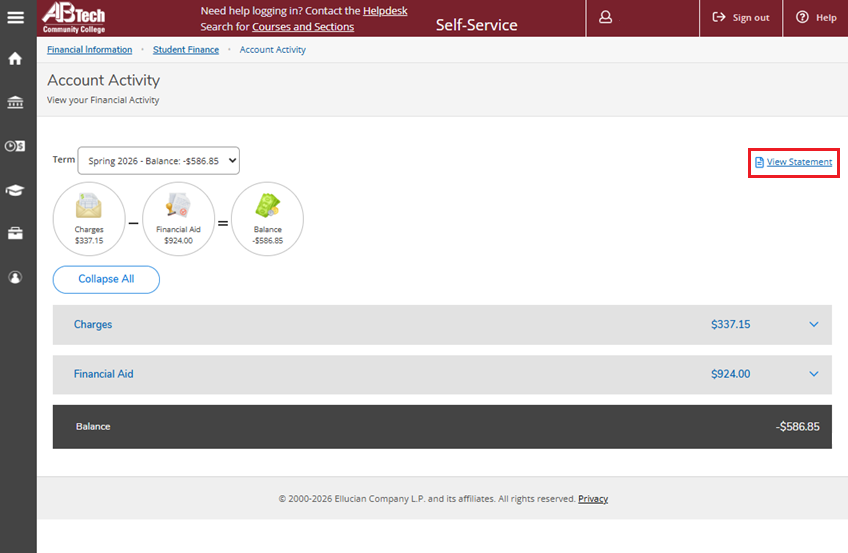 Screenshot of Balance and View Statement Link