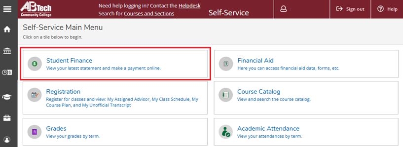Screenshot of Self Service Menu