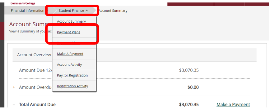 Payment Plans link from Student Finance drop-down menu