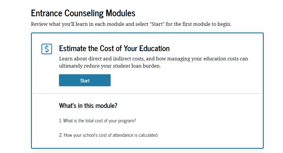 first page of Entrance Counseling