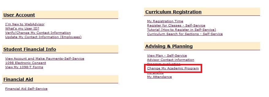 Change My Academic Program link