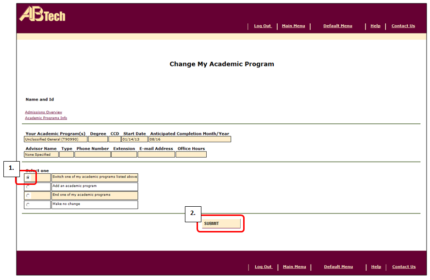 Change My Academic Program web form