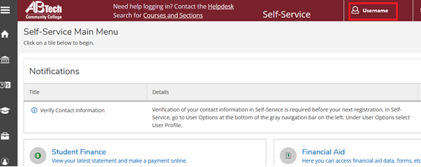 Picture of the Self-Service main menu