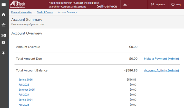 Screenshot of Self Service Account Summary Menu