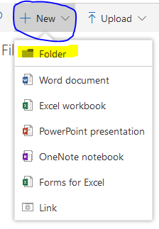 Figure 2. The OneDrive Menu, showing the Create Folder button and the Upload button.