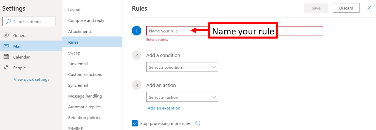 Figure 5. The Rules screen, Name your rule
