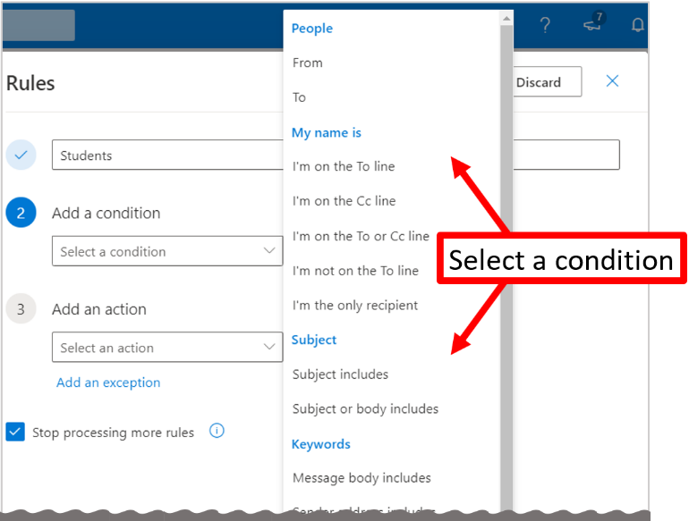Figure 7. The Rules screen, Select a condition