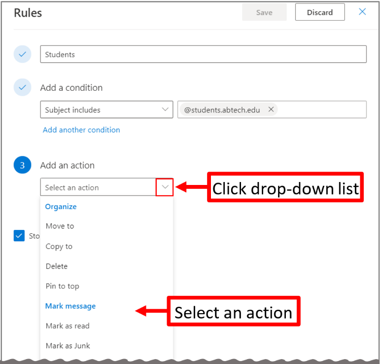 Figure 8. The Rules screen, Add an Action