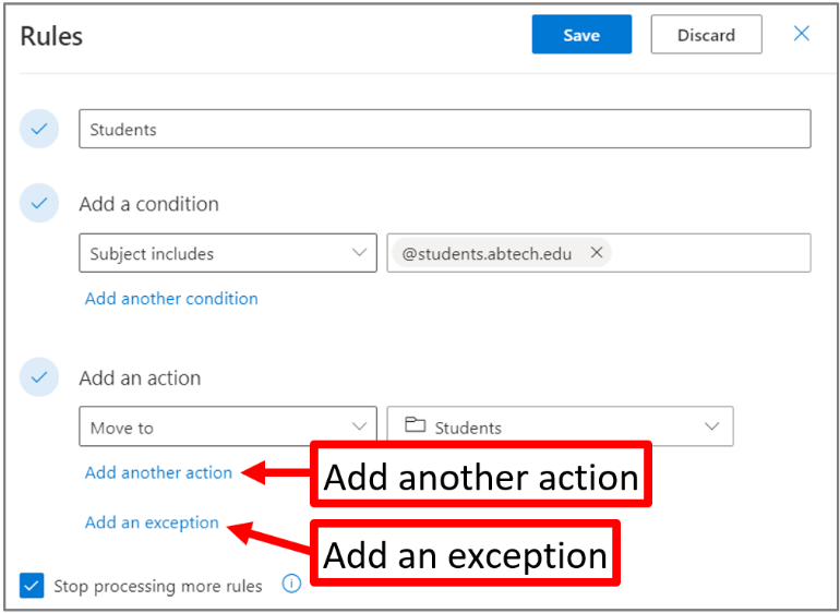 Figure 10. The Rules screen, Add another action, Add an Exception