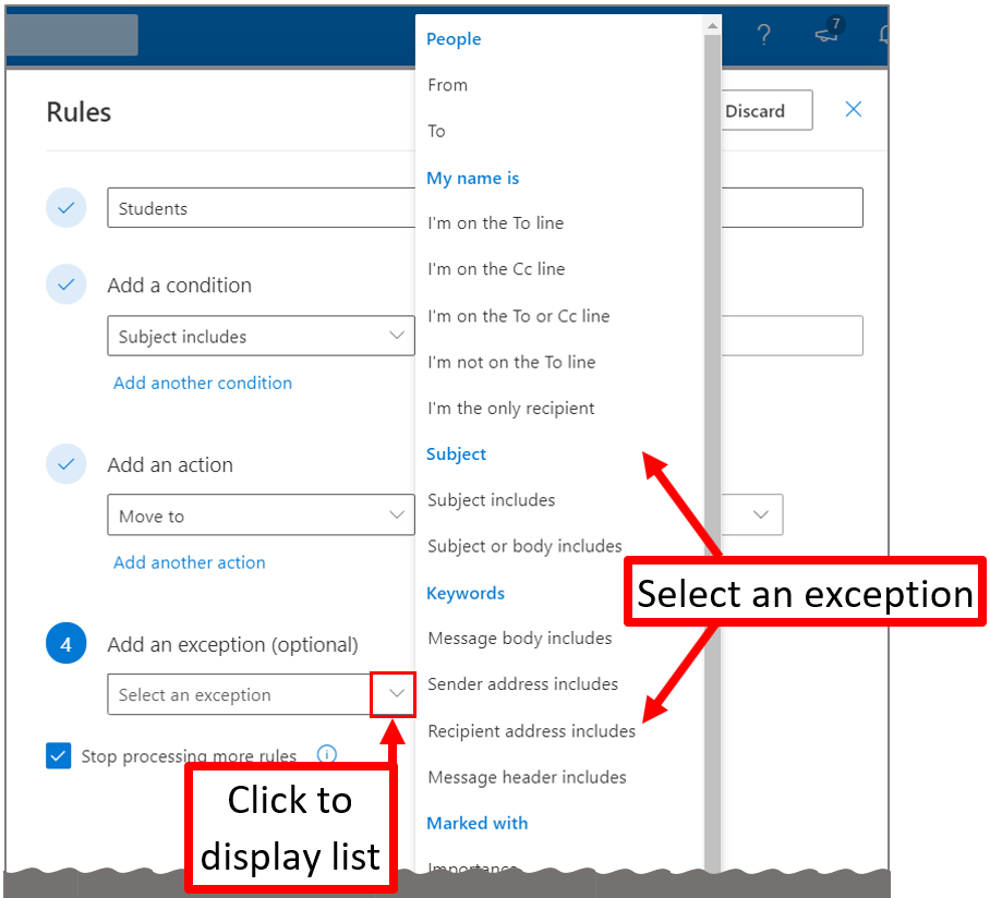 Figure 11. The Rules screen, Select an Exception
