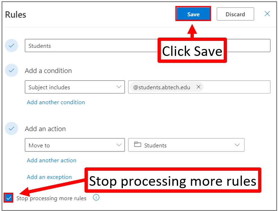 Figure 13. The Rules screen, Stop processing more rules