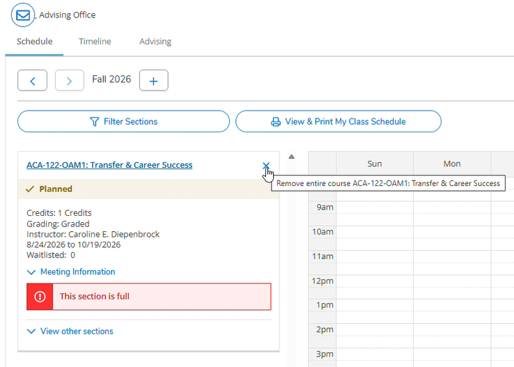 how to remove a course from plan in self service