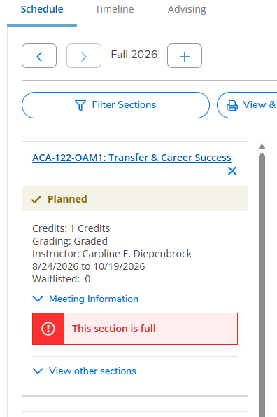 image showing view other sections in self service when a section is full