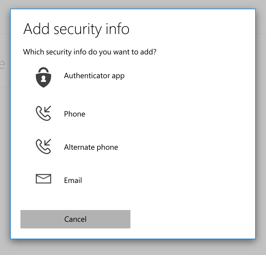 Page prompting the visitor to choose which type of security info to add